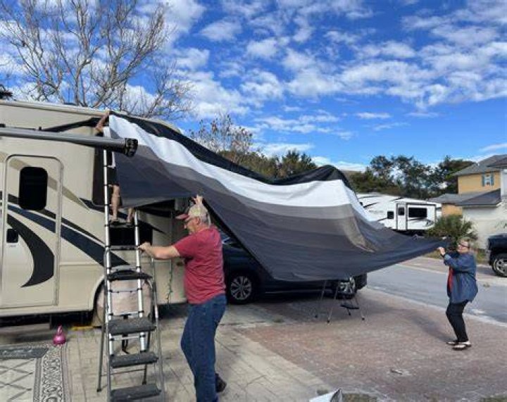 How do you secure a broken RV awning?
